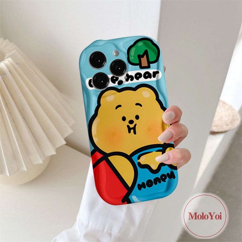 Soft Tpu Cute Winnie The Pooh Case Kompatibel Untuk IPhone XR X XS Max7 6 8 6s Plus 11 13 12 14 Pro Max 7Plus SE 2020 Kartun Strawberry Bear Manyo 3D Wavy Curved Edge Glossy Cover