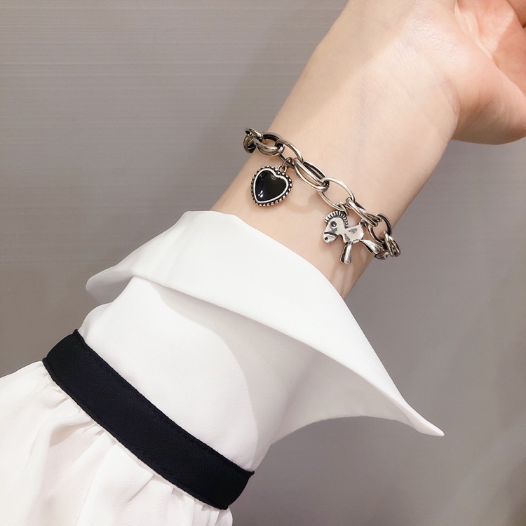 Retro Sederhana Horse Spades Heart Bracelet ins Trendi Rantai Tebal Thai Silver Influencer Gelang Unik