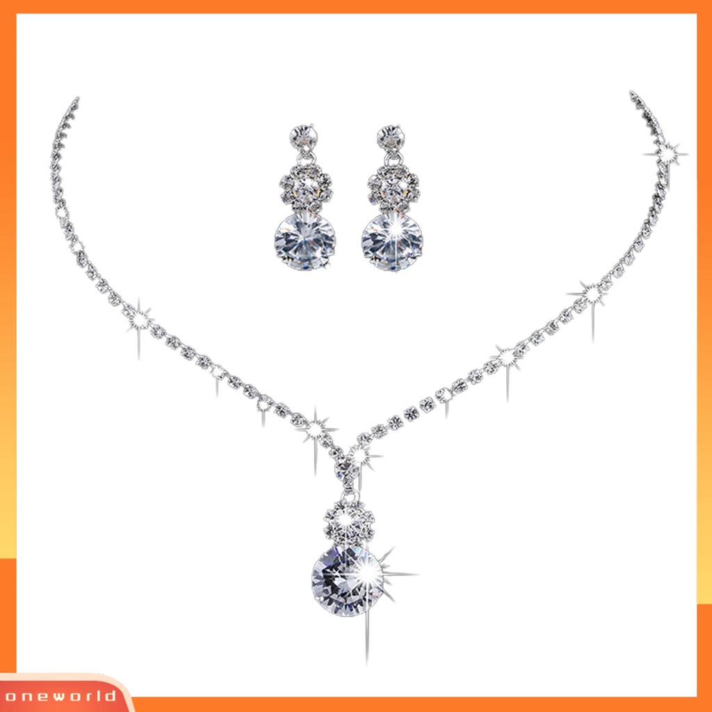 [ONE] 1set Set Perhiasan Pernikahan Elegan Untuk Wanita Cubic Zirconia Kristal Imitasi Choker Kalung Anting Pengantin Berlian Imitasi Aksesoris Fashion