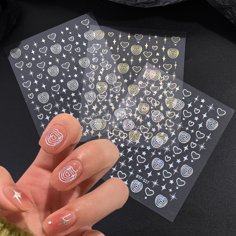 Indah 3D Hologram Cinta Hati Stiker Kuku Emas Bronzing Bintang Slider Perak Laser Nail Art DIY Manicure Dekorasi