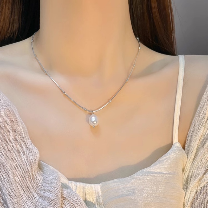 Roselife Vintage Baroque Perak Manik-Manik Rantai Besar Tidak Teratur Mutiara Liontin Kalung Untuk Wanita Gadis Elegan Tulang Selangka Rantai Kalung Perhiasan Aksesoris