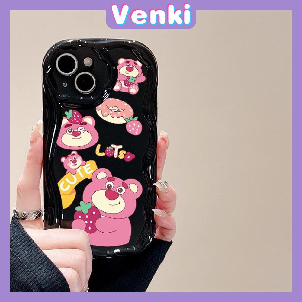 VENKI - Untuk iPhone 11 Case Curved Edge Wave Case Glossy Black TPU Airbag Shockproof Camera Case Cute Pink Bear Kompatibel dengan iPhone 14 13 Pro max 12 Pro Max xr xs 7Plus 8Plus