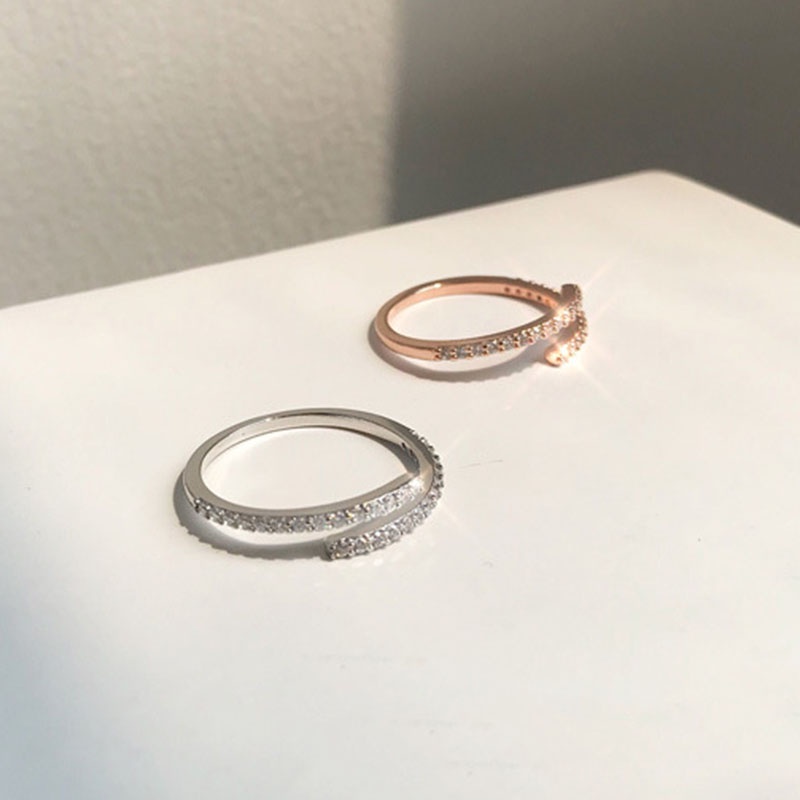 Shiny Zircon Jewelry Rings Korea Sederhana Perak /Rose Gold Wanita Vintage Elegan Perhiasan Hadiah Resizable
