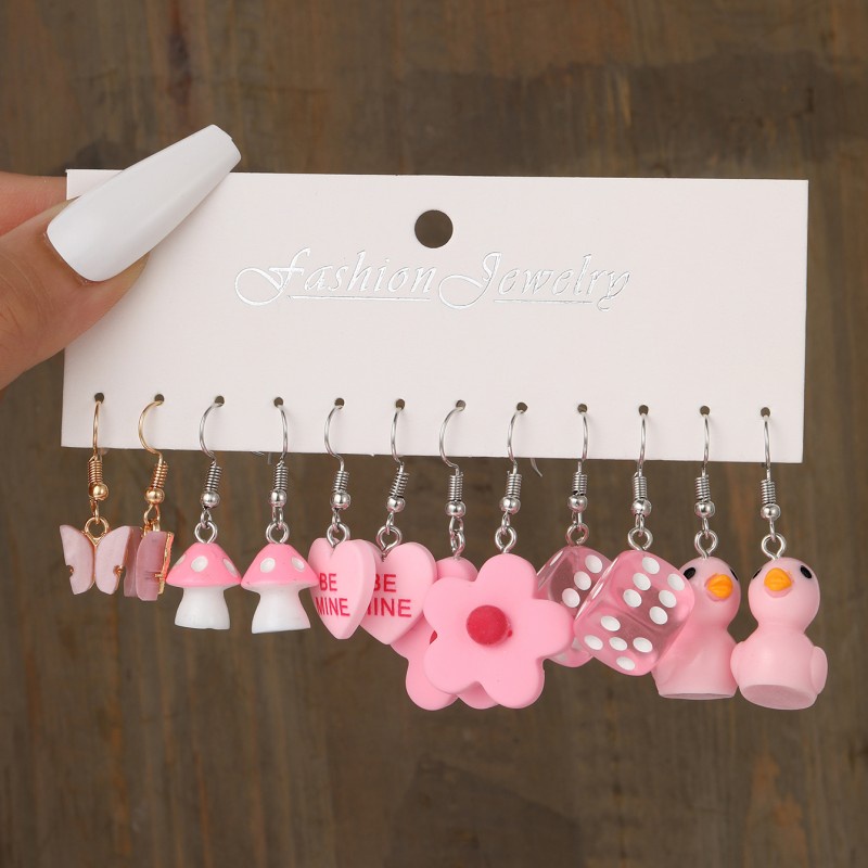 6 /12Pasang Kartun Drop Earrings Pink Bow Heart Kawaii Earring Untuk Wanita Fashion Perhiasan Aksesoris