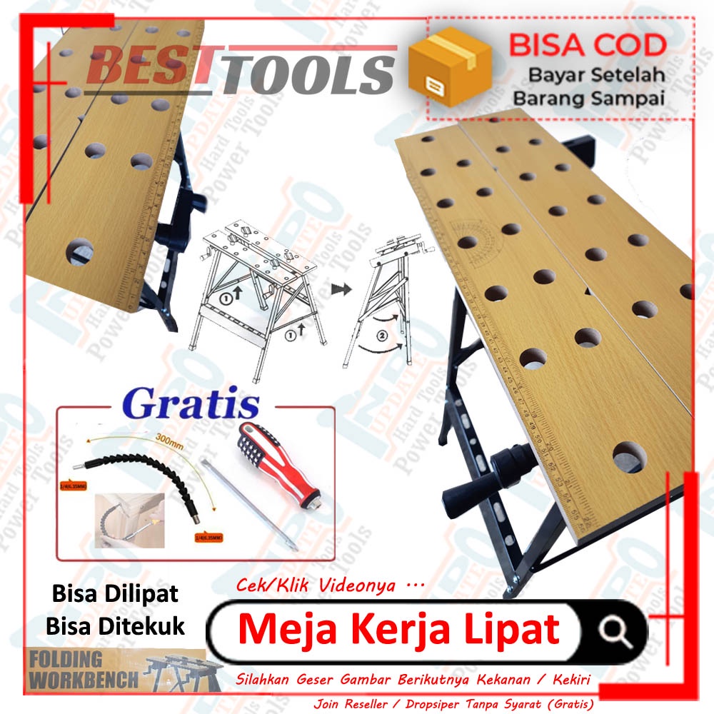 TERJAMIN !!Bestt Folding Work Bench / Workbench Meja Kerja Kayu Portabel Pertukangan Foto Studio Barang Perkakas Lengkap Dengan Penggaris