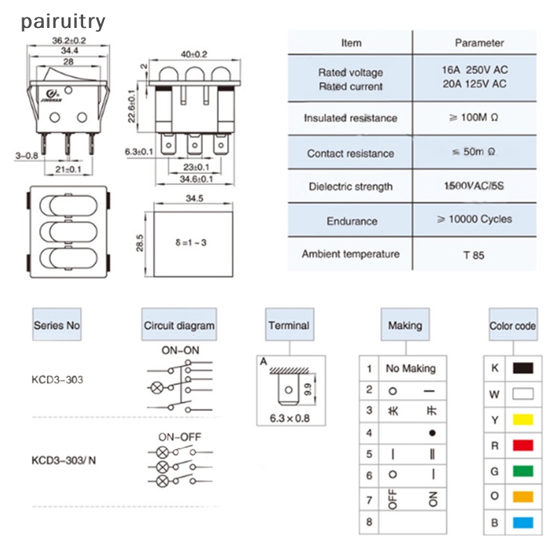 Prt Rocker Switch KCD3 Lampu Merah 3arah Saklar Hitam 9pin 2posisi ON-OFF/ON-ON 16A/20A 250/125V AC Triple Power Switch PRT