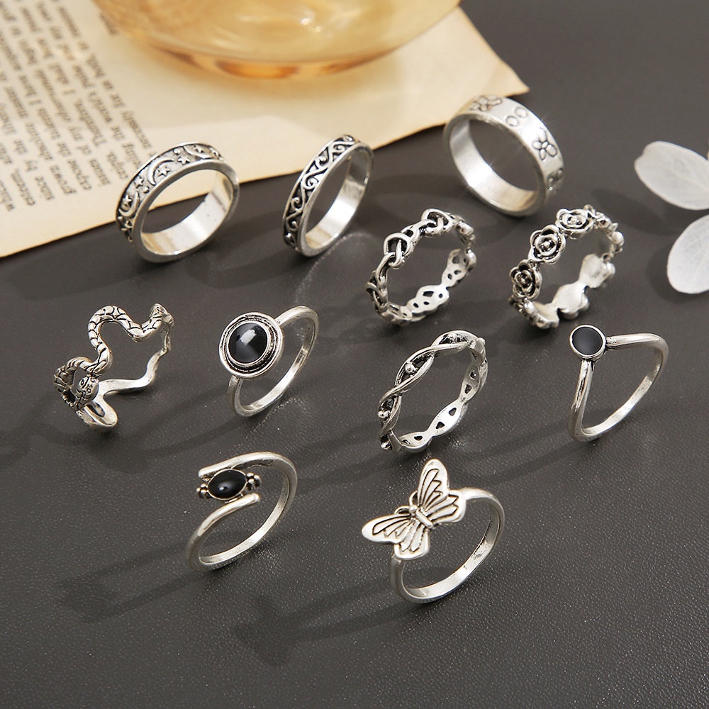 11pcs/set Vintage Antik Perak Bulan Bintang Cincin Set Untuk Wanita Butterfly Snake Flowers Joint Rings Perhiasan Hadiah