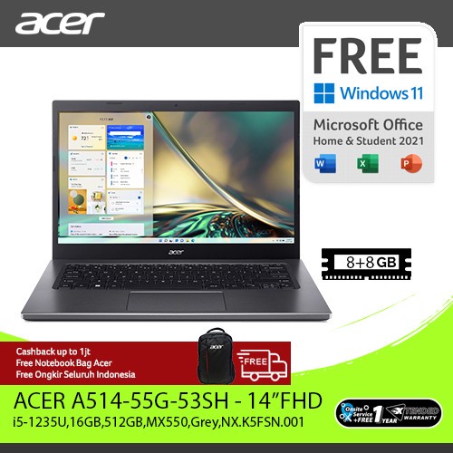 ACER ASPIRE 5 SLIM A514-55G-53SH 16GB - 14"FHD,i5-1235U,512G,MX550