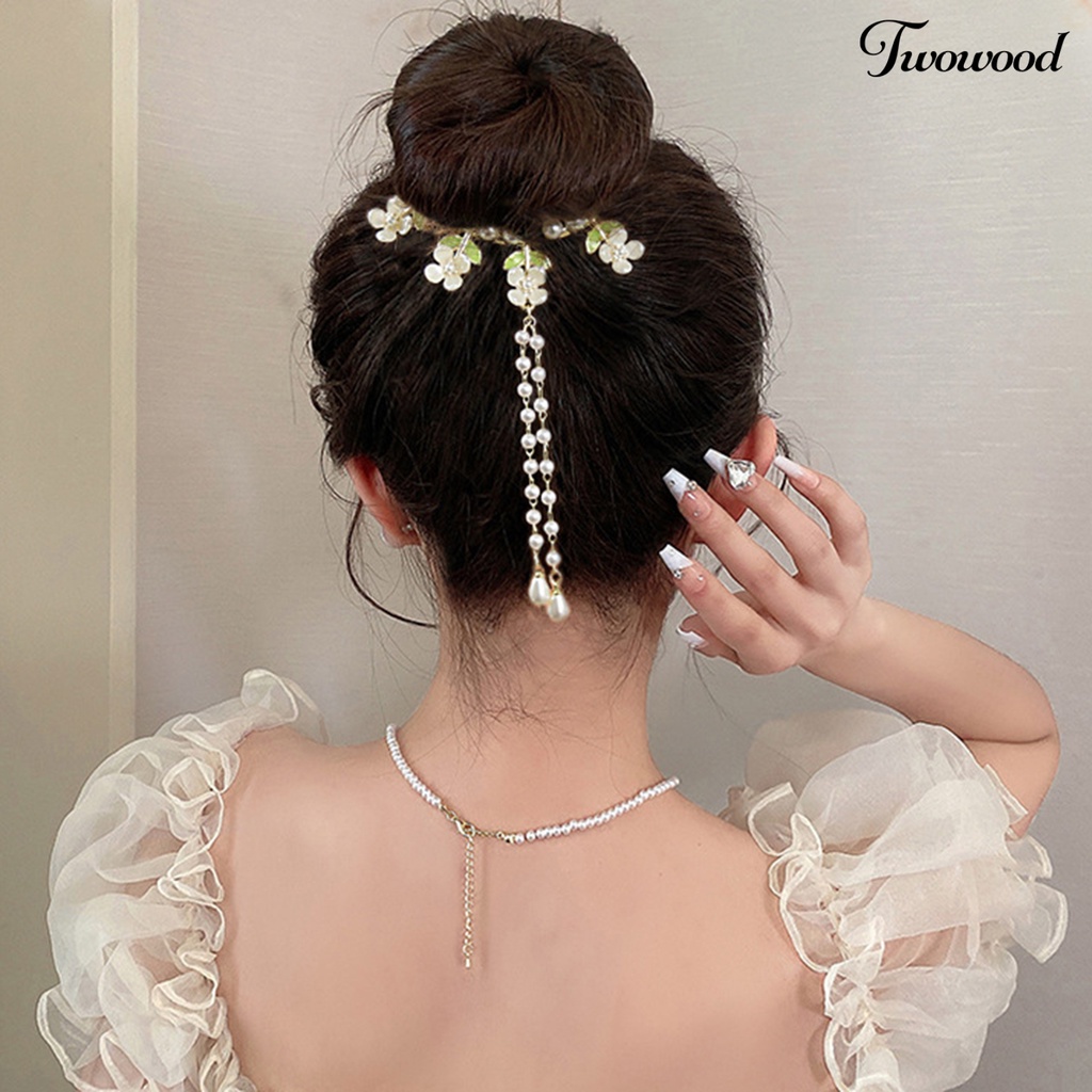 Twowood Lady Ponytail Claw Flower Decor Multi Teeth Rumbai Mutiara Imitasi Stainless Hiasan Rambut Ringan Pengantin Hair Bun Hair Card Aksesoris Rambut