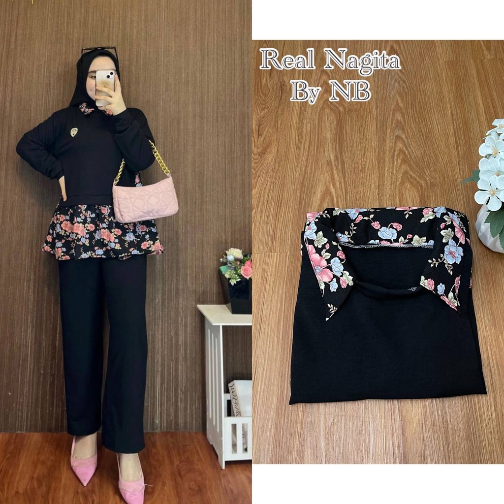 Nagita Flower - One Set Wanita Crinkle Airflow Premium Setelan Wanita Lengan 7/8 Set Baju Celana Kekinian LD 110 cm