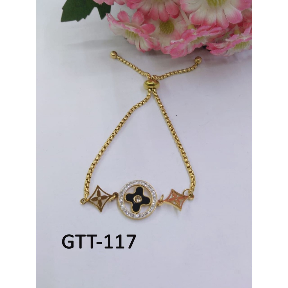 GELANG TANGAN KAKI TITANIUM EMAS GOLD CLOVER HITAM BULAT PERMATA DIAM TERMURAH / DUNIA GELANG