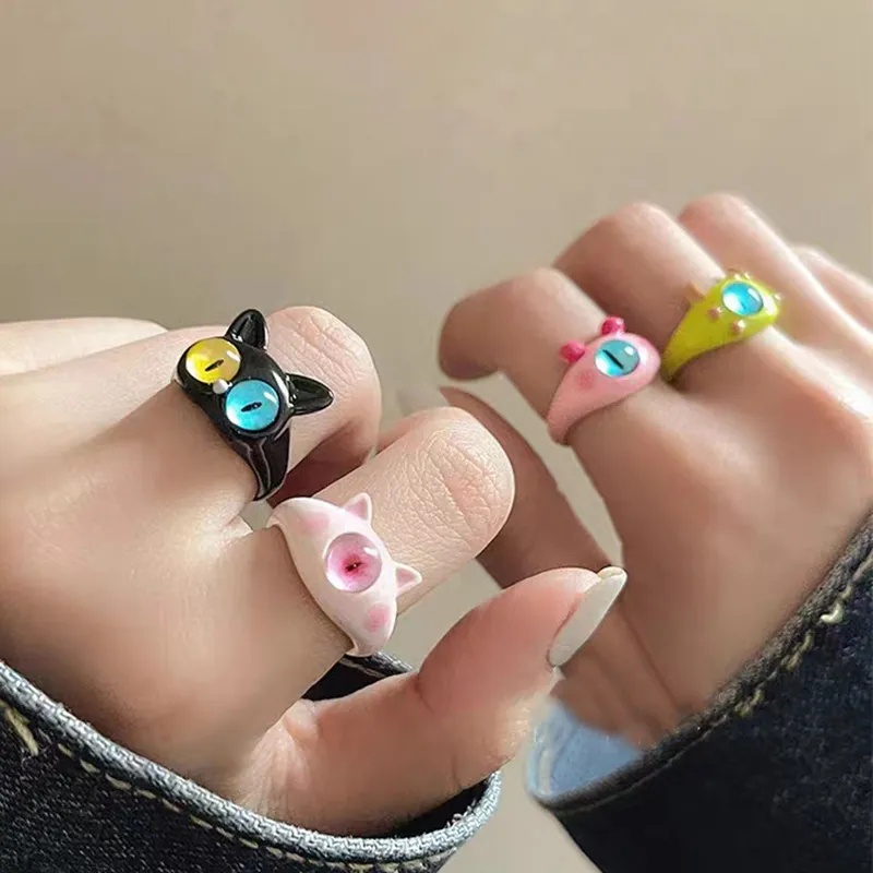 Cincin Jari Wanita Anak Kucing Kartun Lucu/ Murid Yang Berbeda Cincin Pembukaan Monster Kecil Yang Lucu/ Aksesoris Kepribadian Fashion Lolita Yang Dapat Disesuaikan