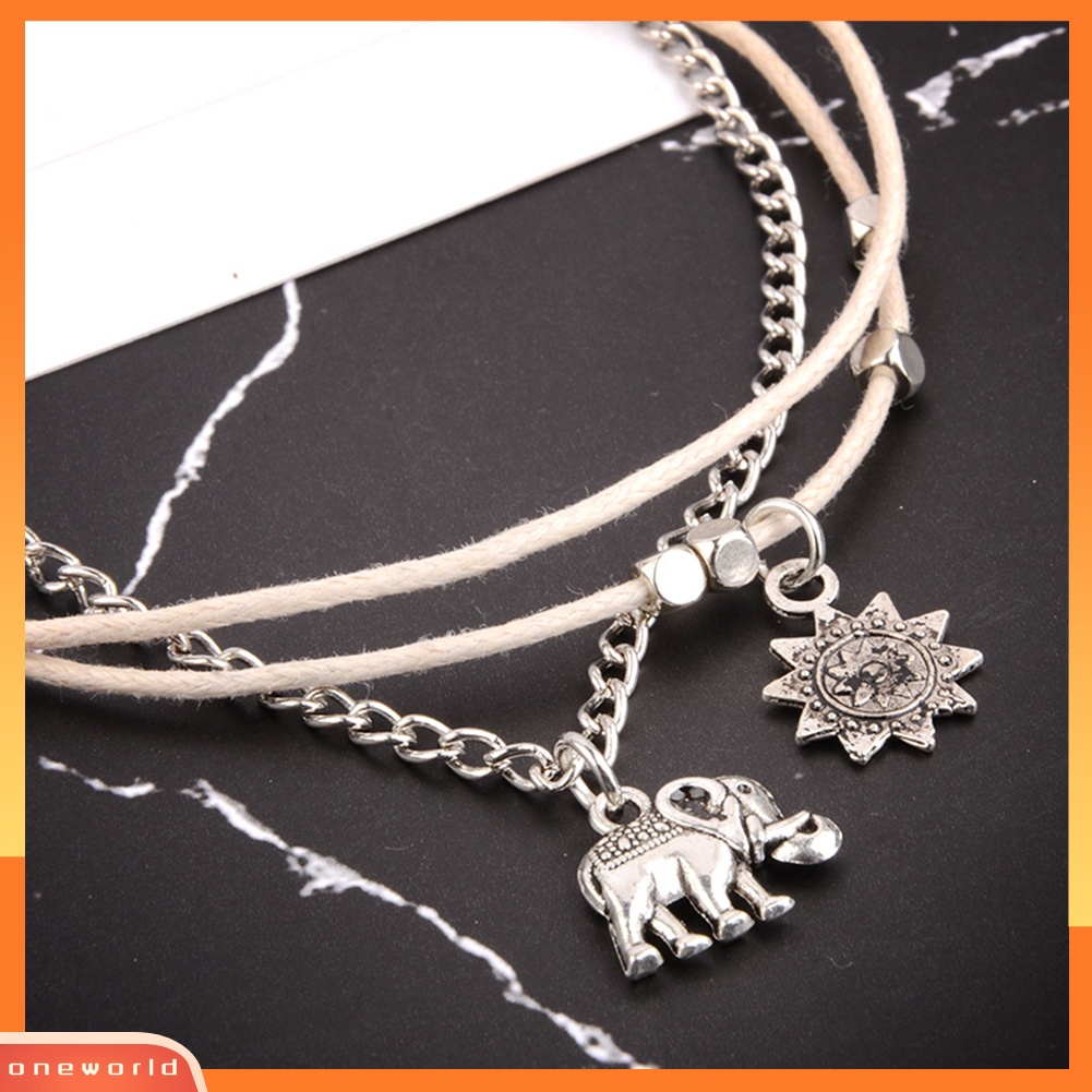 [WOD] 1set Wanita Bohemian Manik-Manik Gajah Matahari Rantai Gelang Kaki Fashion 3lapis Perhiasan