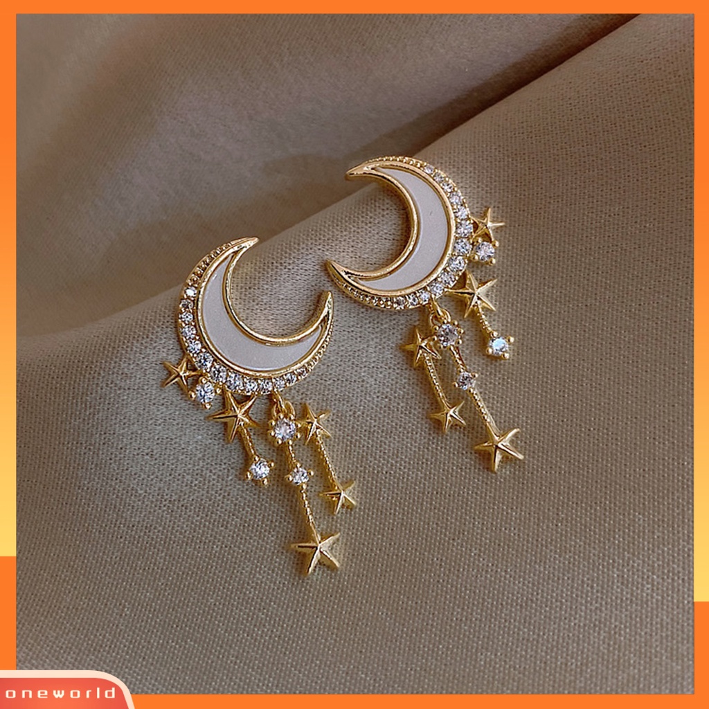 [WOD] 1pasang Anting Wanita Menjuntai Bulan Bintang Rumbai Perhiasan Berlian Imitasi Mengkilap Anting Stud Untuk Pernikahan