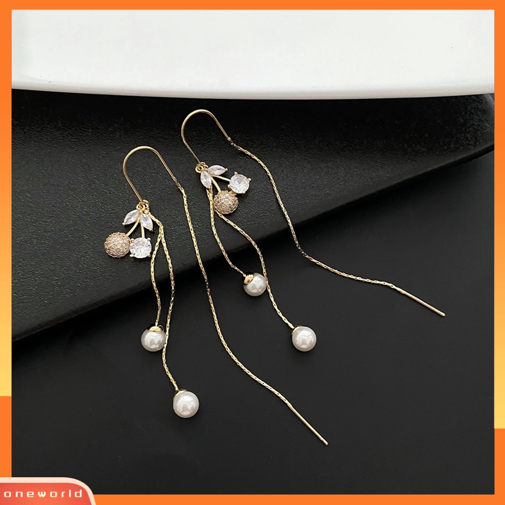 [WOD] 1pasang Anting Garis Telinga Cherry Kristal Imitasi Mutiara Imitasi Jumbai Panjang Earrings Untuk Pesta Pernikahan Prom Banquet