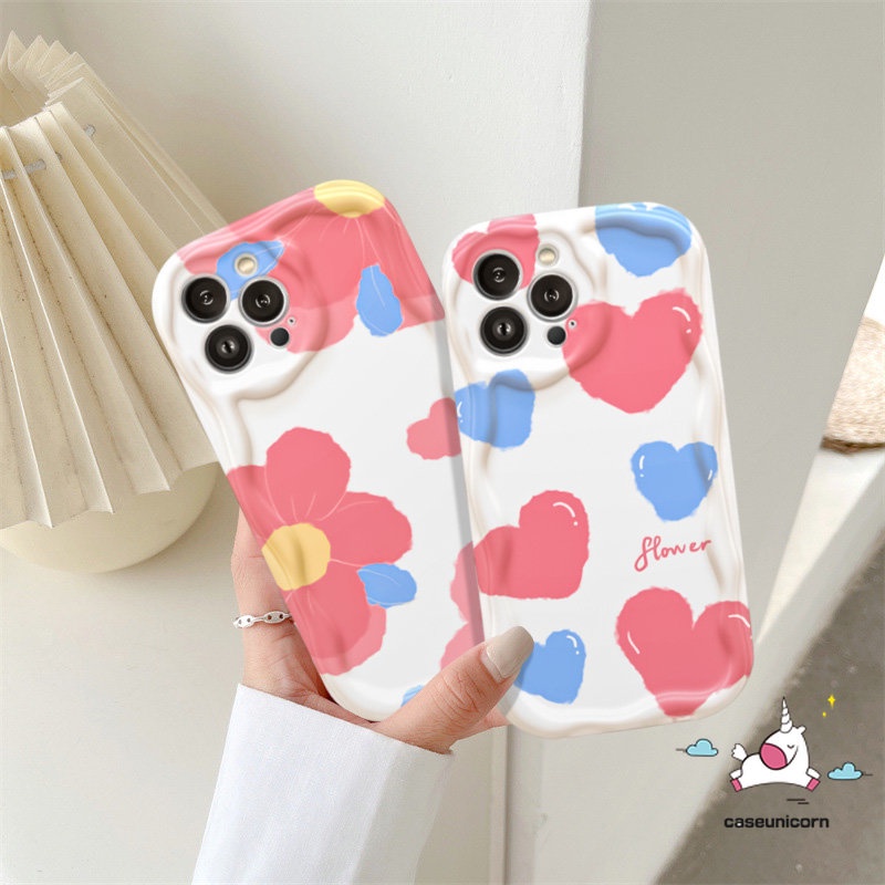 Untuk Samsung A12 A24 A14 A23 A32 A04s A50 A52 A52s A10s A13 A04 A50s A03s A21s A30s A02s A11 A03 A51 A30 A20s A31 A20 Macaron Color Flower 3D Wavy Curved Edge Cream Love Heart Case