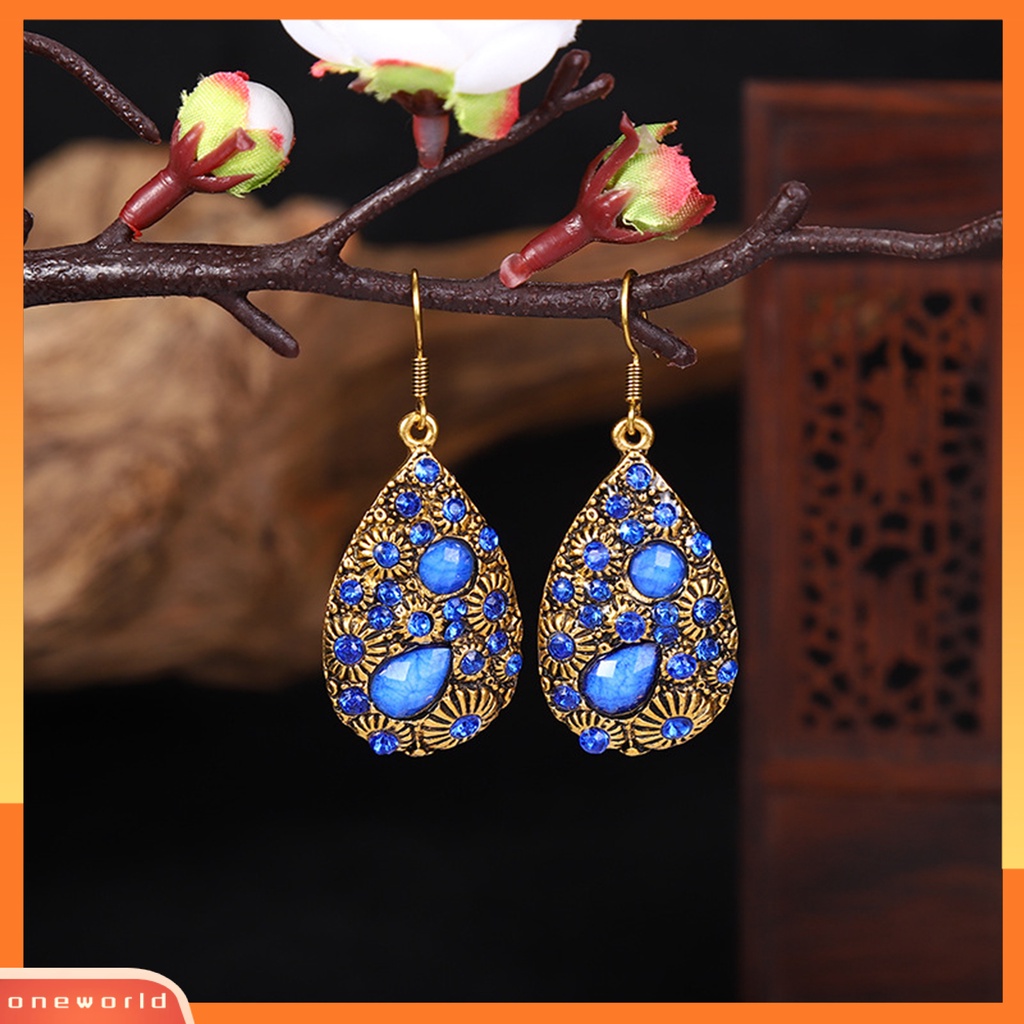 [WOD] 1pasang Anting Menjuntai Gaya Etnik Berlian Imitasi Mengkilap Hias Semua Pertandingan Perhiasan Hadiah Permata Imitasi Wanita Vintage Water Drop Pendant Earrings Untuk Pacaran