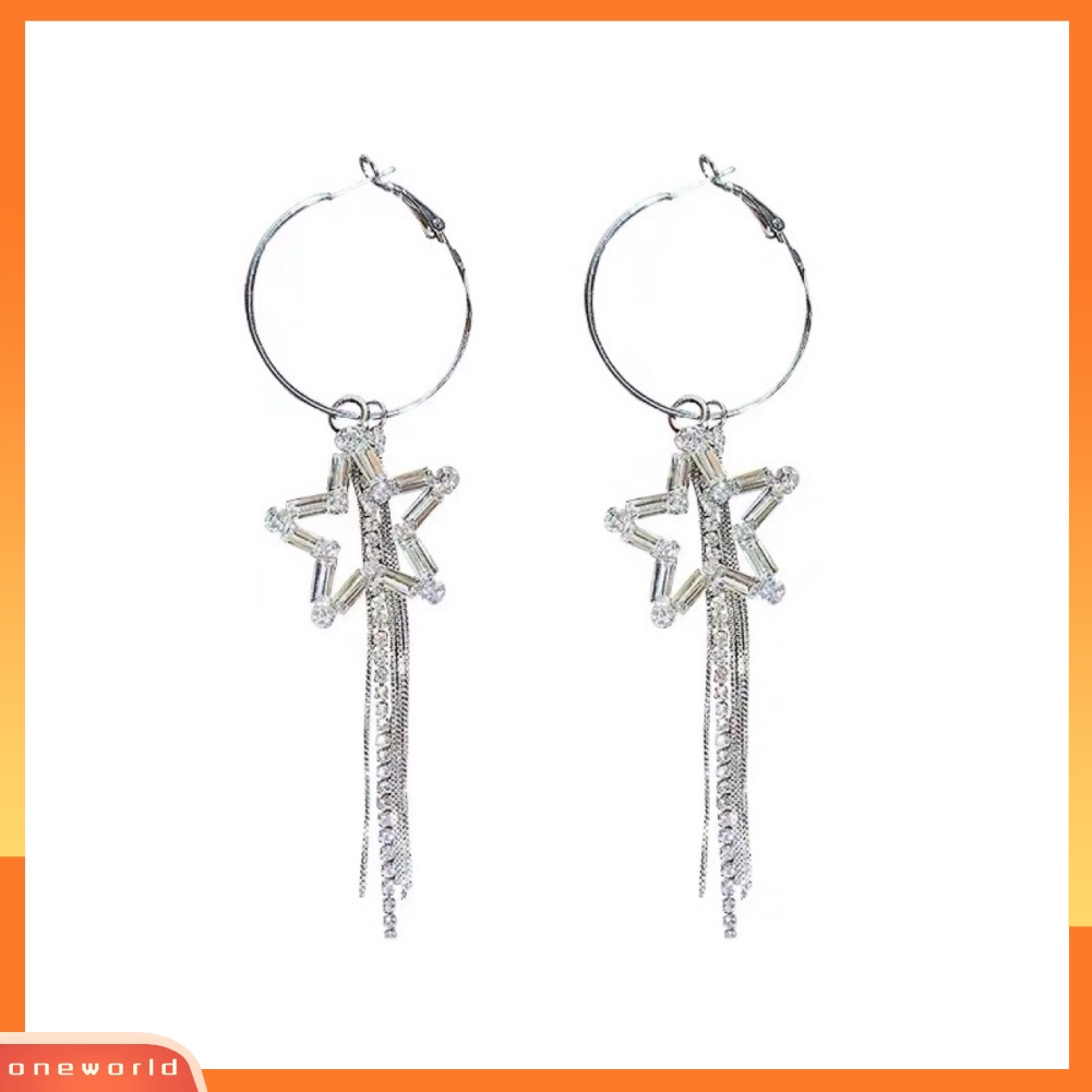 [WOD] Wanita Berlian Imitasi Berongga Bintang Panjang Rumbai Menjuntai Hoop Earrings Statement Jewelry