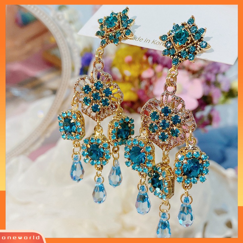 [WOD] 1pasang Anting Menjuntai Rumbai Kristal Imitasi Anting Drop Panjang Vintage Biru Untuk Pernikahan