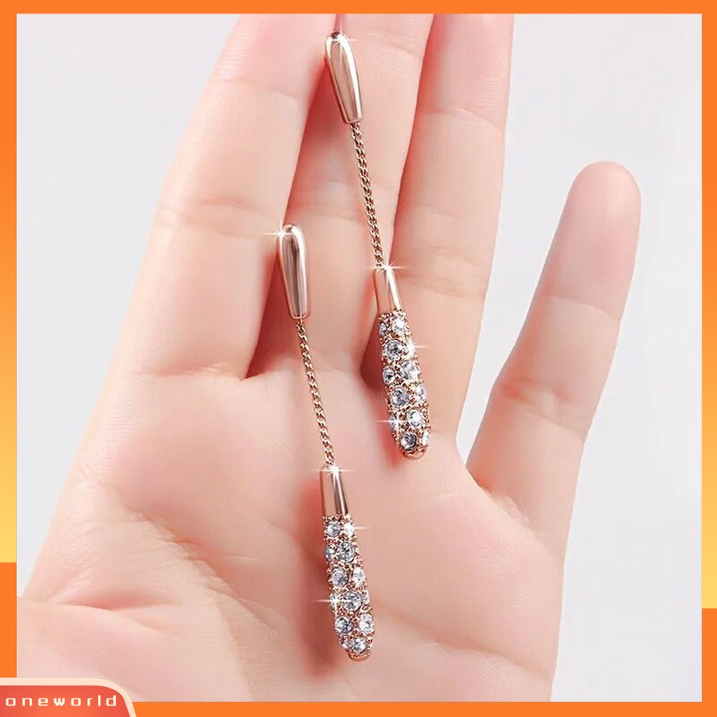 [WOD] 1pasang Anting Wanita Panjang Berlian Imitasi Mengkilap Hias Kolom Bentuk Rantai Drop Earrings Hadiah Ulang Tahun