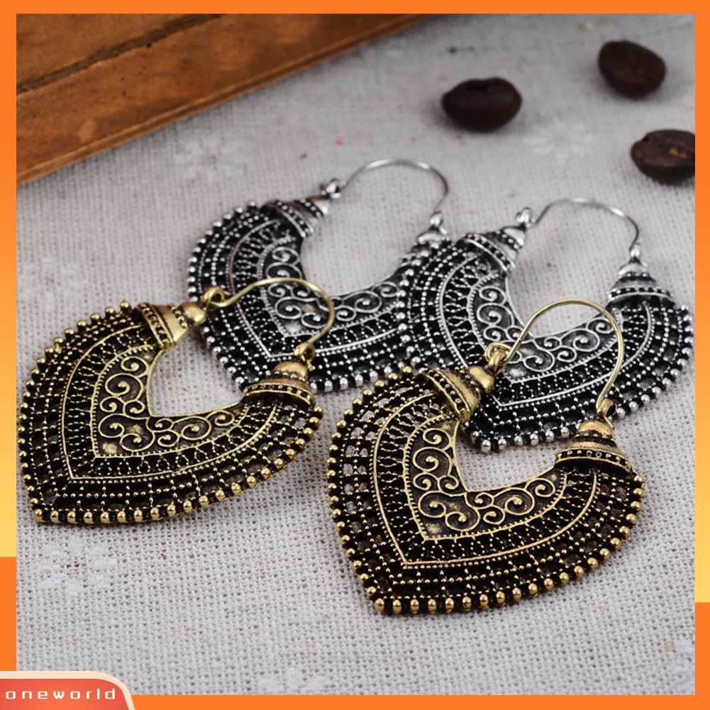 [WOD] Pesta Vintage Wanita Ukiran Berongga Jantung Liontin Pernyataan Leverback Earrings