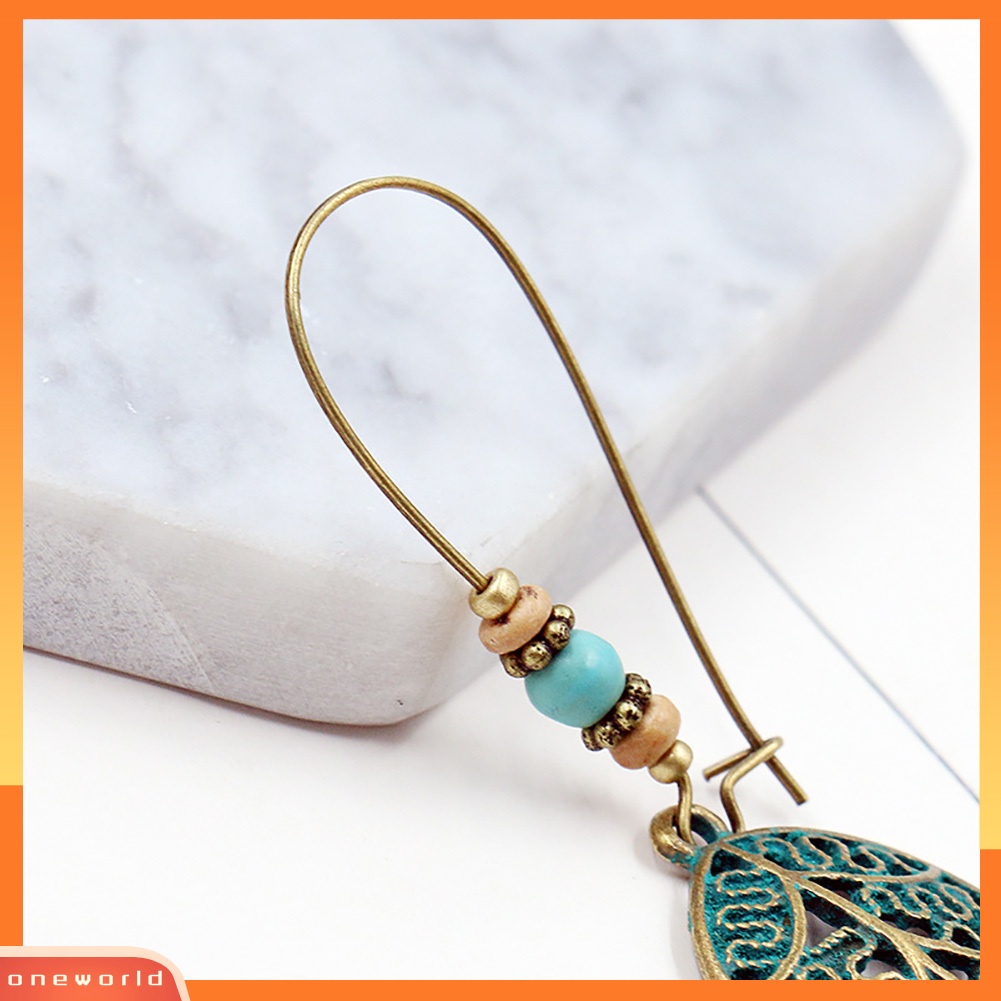 [WOD] Retro Berongga Daun Liontin Imitasi Pirus Manik-Manik Anting Wanita Pernyataan Perhiasan