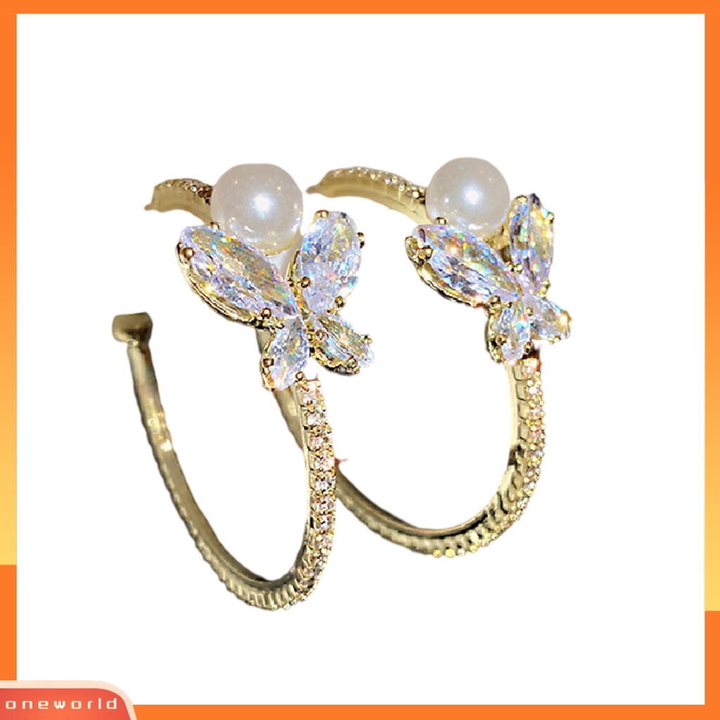 [WOD] 1pasang Anting Pejantan Mutiara Imitasi Berlian Imitasi Bertatahkan Perhiasan Fashion Kupu-Kupu Berbentuk C Anting Tindik Wanita Perhiasan