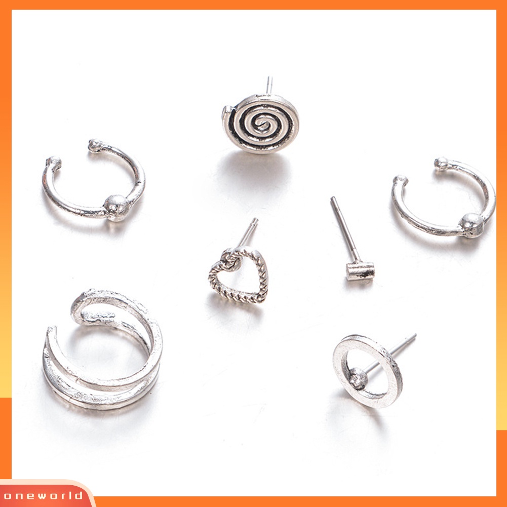 [WOD] 7pcs Bohemian Wanita Hati Bulat Palu Telinga Giwang Anting Set Perhiasan Pesta