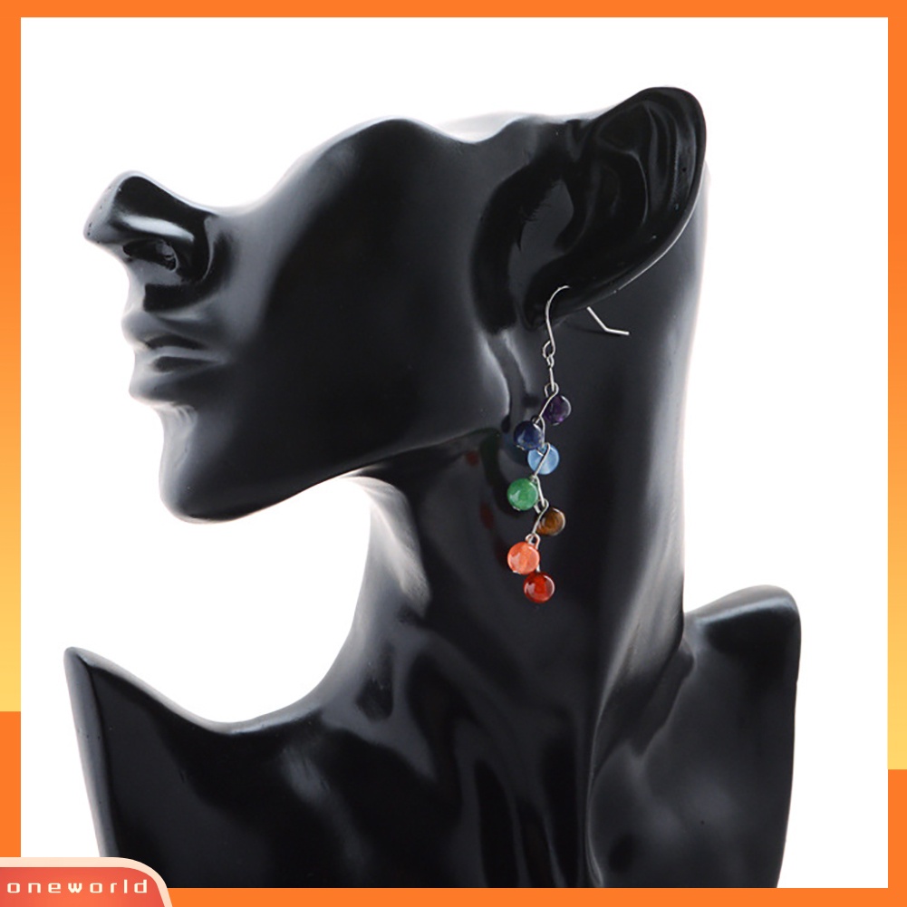 [WOD] Wanita Fashion Yoga 7 Chakra Batu Warna-Warni Manik-Manik Drop Hook Anting Perhiasan