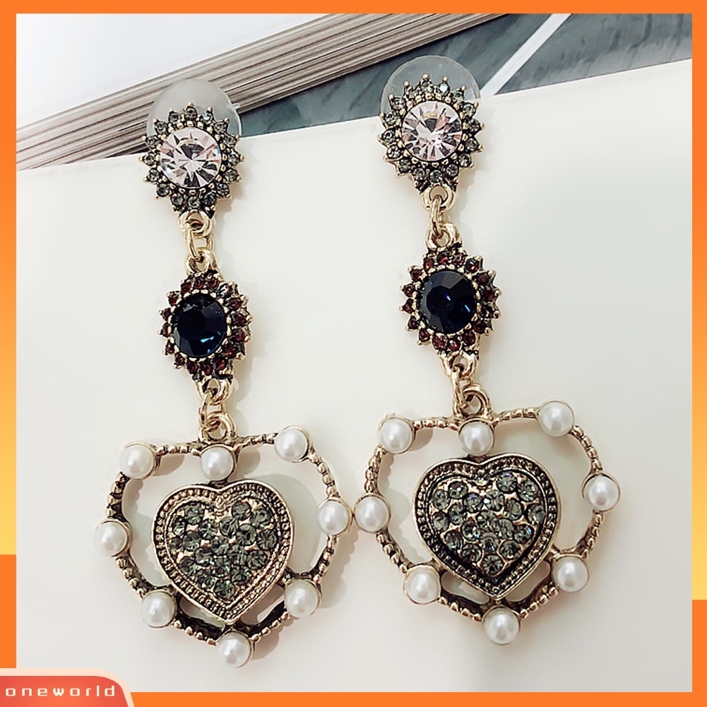 [WOD] Vintage Wanita Mutiara Imitasi Berlian Imitasi Jantung Telinga Drop Menjuntai Anting Perhiasan Hadiah