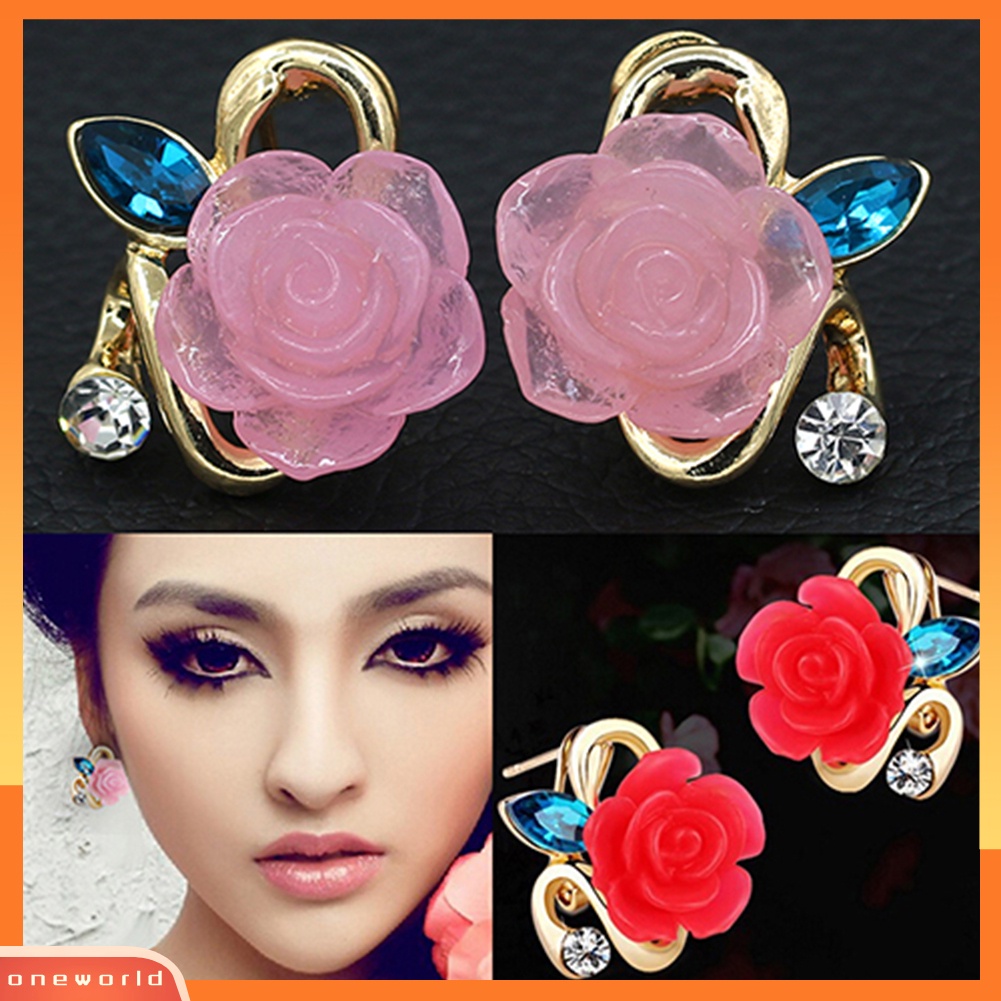 [WOD] 1pasang Elegan Retro Wanita Berlian Imitasi Mawar Bunga Flower Ear Stud Earrings