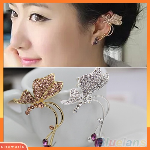 [WOD] 1pc Stud Anting Kupu-Kupu Klip Telinga Kristal Wanita Elegan Untuk Telinga Kiri