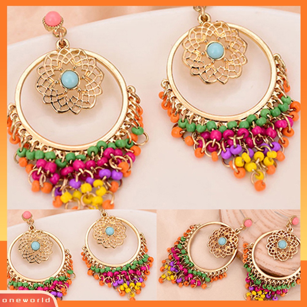 [WOD] Wanita Gaya Boho Warna-Warni Ukiran Berongga Telinga Drop Menjuntai Beads Piercing Earrings