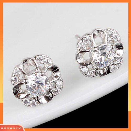 [WOD] Ladies Fashion Perak Berlapis Berlian Imitasi Bertatahkan Berongga Bunga Telinga Studs Earrings