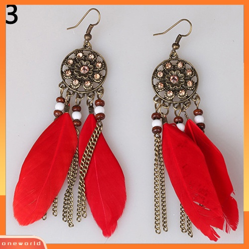 [WOD] Wanita Vintage Bohemia Etnik Dream Catcher Bulu Jumbai Anting Kait Panjang