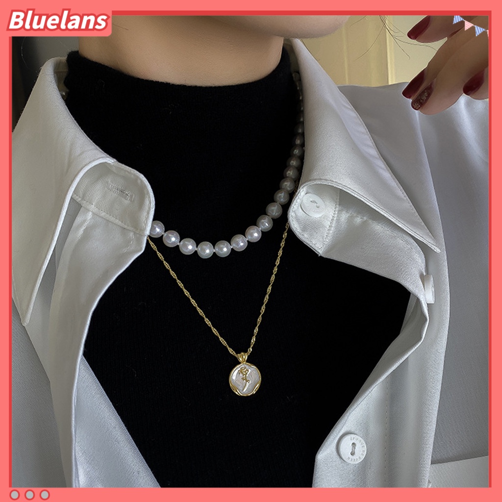 [BLS] 2pcs/set Wanita Kalung Gaya Perancis Retro Elegan Rose Liontin Hadiah Lapisan Ganda Mengkilap Tinggi Mutiara Imitasi Klavikula Kalung Perhiasan Aksesoris