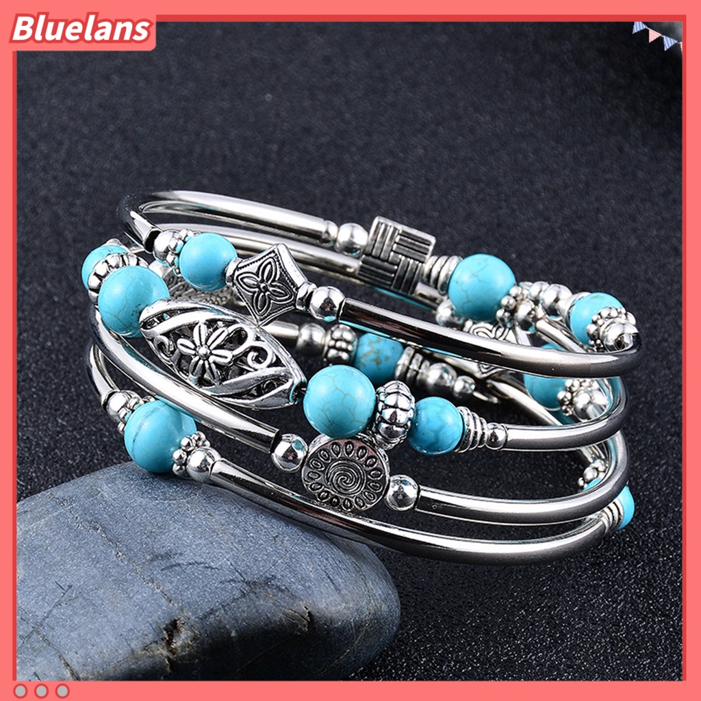 [BLS] Wanita Bangle Batu Alam Etnik Multi Layered Retro Biru Turquoise Beads Bungkus Gelang Perhiasan Aksesoris