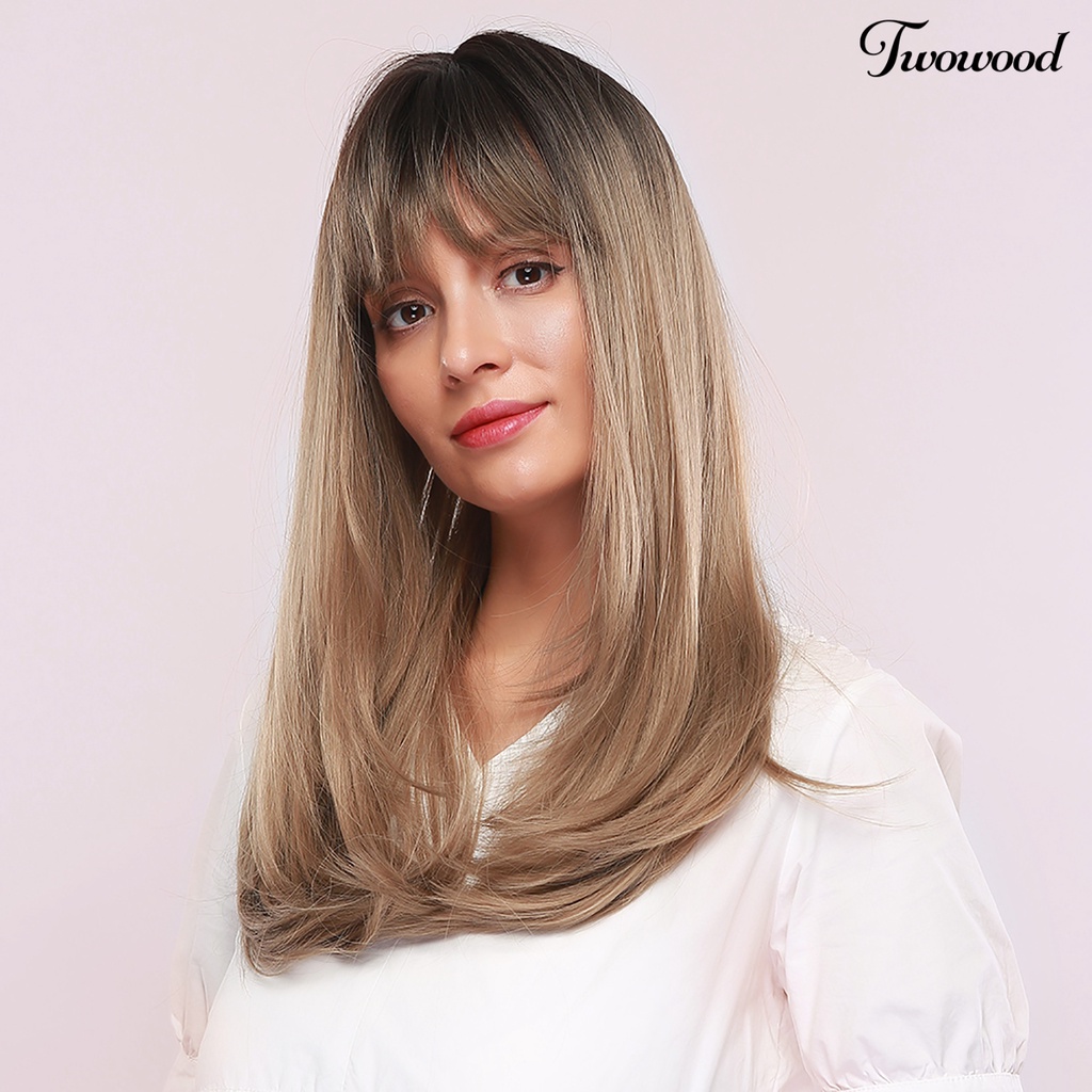 Twowood Fashion Wanita Golden Brown Sintetis Poni Panjang Wig Cosplay Pesta Sopak