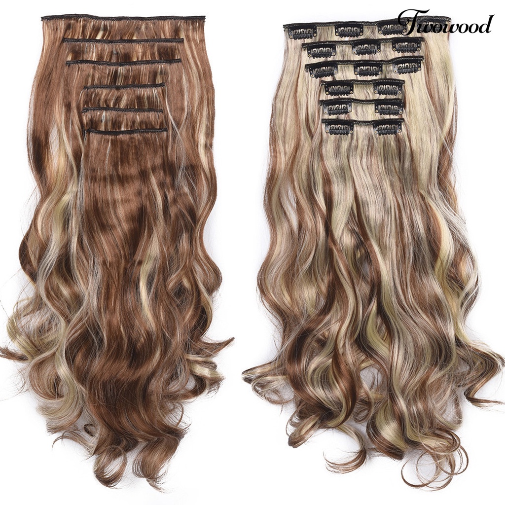 Twowood Wavy Wig Clip Rambut Panjang Ekstensi Keriting Alami Serat Suhu Tinggi Wanita Klip Wig Untuk Salon