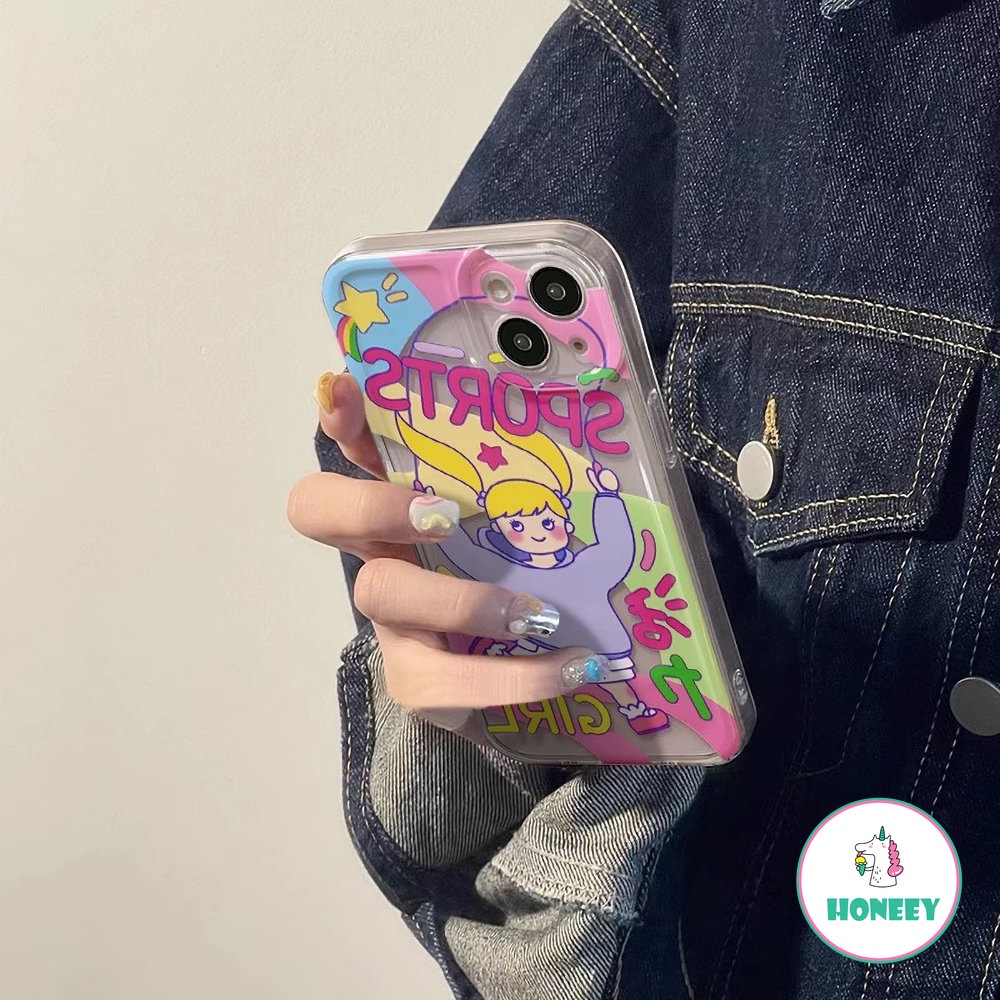 IPHONE Casing Ponsel Gadis Olahraga Lucu Kartun Happy Untuk Iphone11 12 13 14 Pro Max XR Xs8 7plus Fashion Colorful Shockproof Soft Cover