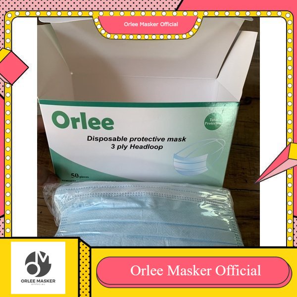 MASKER ORLEE 3ply HEADLOOP BIRU , GROSIR dan eceran  kemenkes 1 box isi 50pcs ORIGINAL