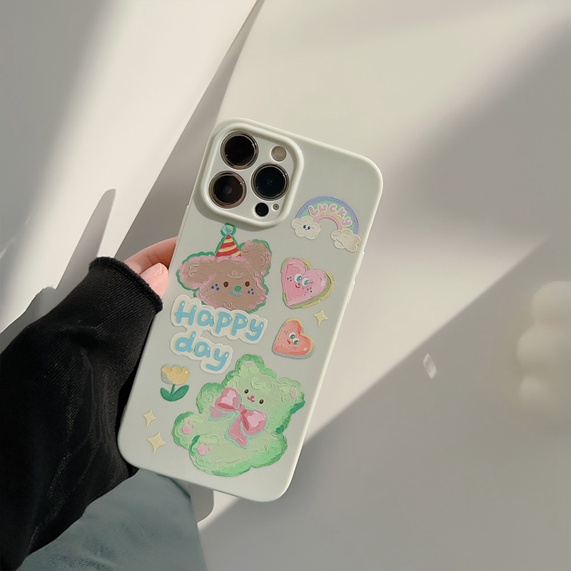 Nice Oil Painting Green Bear Soft Silicon Case iP iPhone 14 + Plus 11 12 13 Pro Max Cream FTD Girl Woman Casing Apple