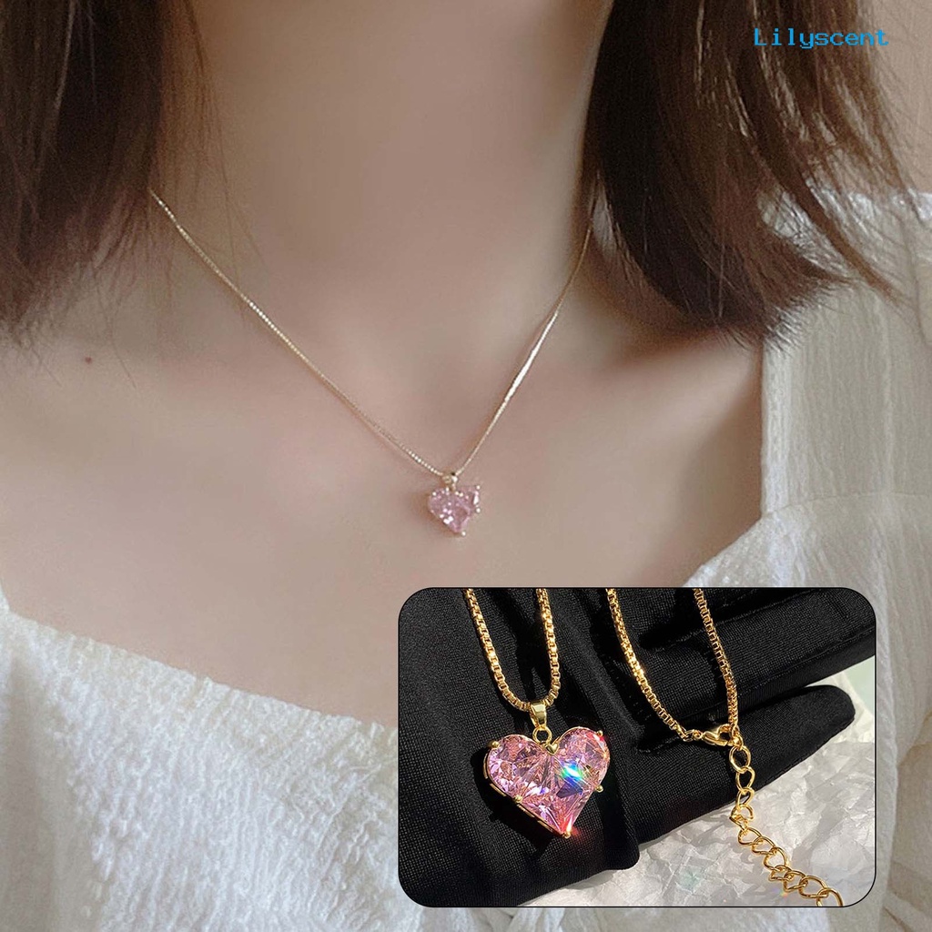 [LS]Ladies Kalung Cubic Zirconia Bersinar Bentuk Geometris Menawan Tahan Aus Berdandan Hypoallergenic Merah Muda Bentuk Hati Liontin Kalung Perhiasan Aksesori