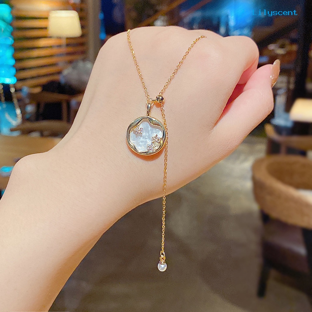 [LS]Wanita Kalung Bulat Liontin Mutiara Imitasi Rantai Rumbai Elegan Adjustable Golden Bling Berlian Imitasi Bintang Klavikula Kalung Fashion Perhiasan