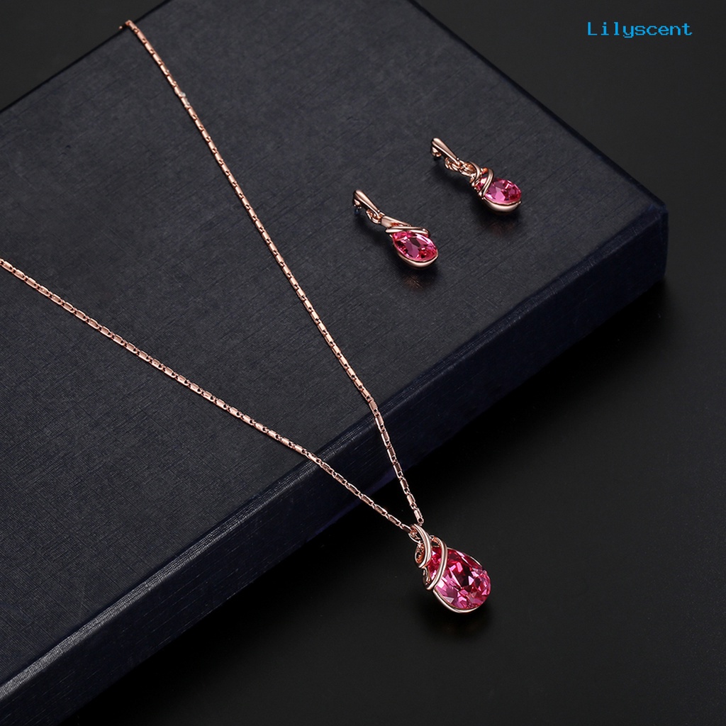 [LS]1 Set Wanita Kalung Elegan Mewah Hadiah Mulia Tetesan Air Merah Berlian Imitasi Bertatahkan Stud Anting Kit Fashion Perhiasan