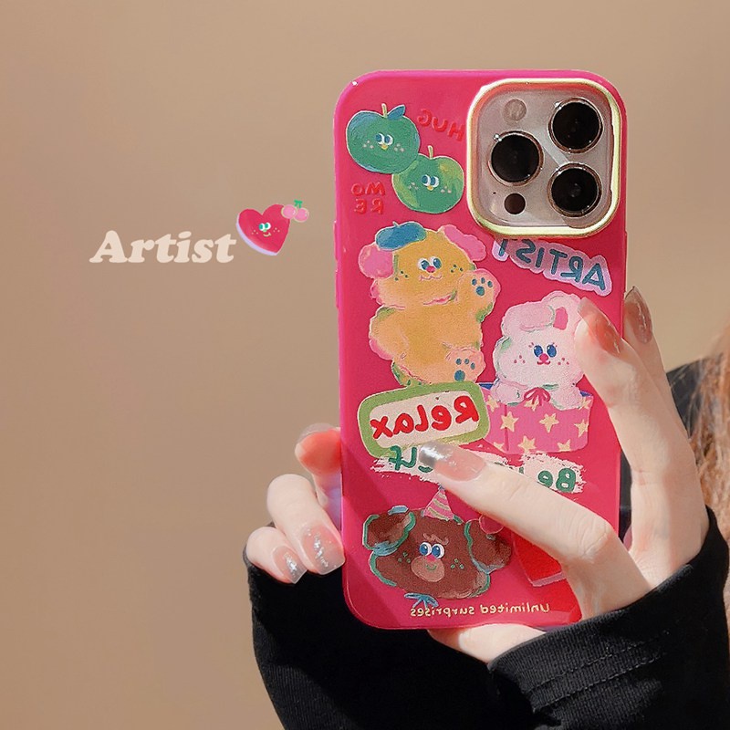 Pink Artist Bunny Bear Soft Silicon Case HP iP iPhone 7 8 14 + Plus SE 2020 2022 X XR XS 11 12 13 Mini Pro Max Jelly FTD Girl Woman Casing Apple