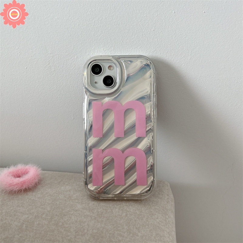 Casing Kerut Stereo Simple Huruf M 3D Kompatibel Untuk IPhone 7Plus XR 11 13 12 14 Pro MAX X XS Max7 8 6 6S Plus Se2020Pita Pink Busur Soft Cover Dengan Stiker Hati Berlian