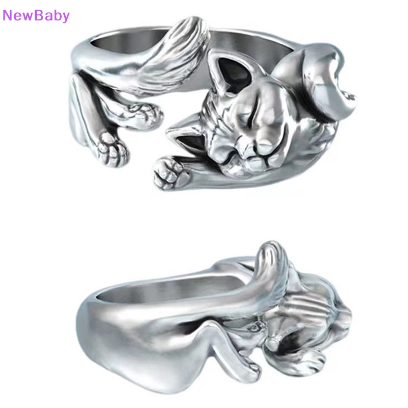 Newbaby Perak Disepuh Vintage Lucu Kucing Cincin Wanita Perhiasan Trendi Adjustable Cincin Hadiah Aksesoris Pesta ID