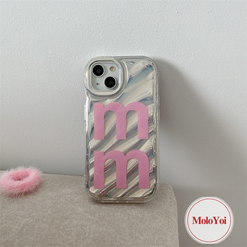 IPHONE Soft Case Busur Pita Pink Kompatibel Untuk Iphone11 14 13 12 Pro MAX 7Plus XR XS X Max7 6 6S 8plus SE 2020huruf Simple M 3D Stereo Corrugation Dengan Penutup Stiker Hati Berlian