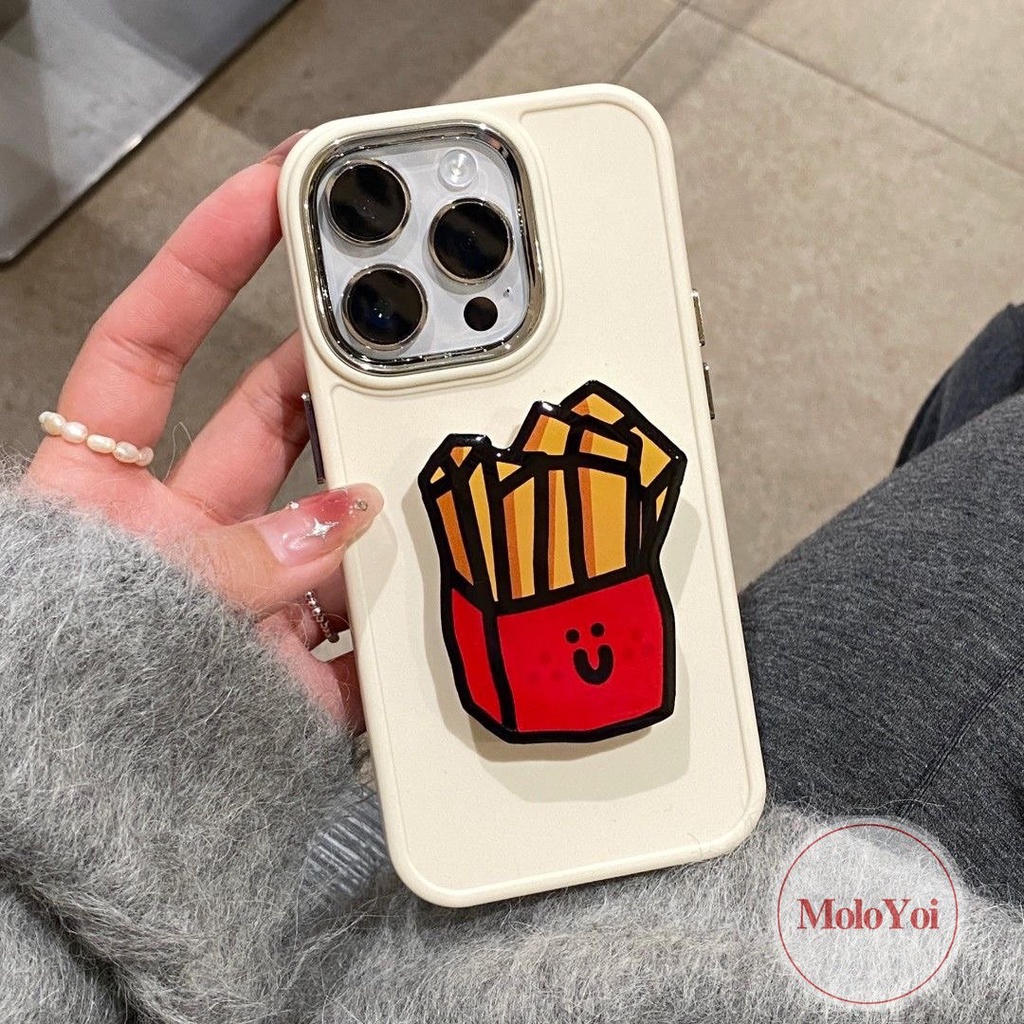 Warna Solid Casing Bingkai Lensa Logam Plating Sederhana Kompatibel Untuk IPhone XR XS X Max11 14 13 12 Pro Max8 7 Plus Kartun Puppy Bear Fries Pisang Aksesoris Bracket Soft Cover